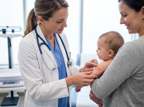 診察室で医療スタッフが乳児の手を確認する場面