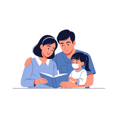 Fototapeta premium Family reading a book together with child wearing mask