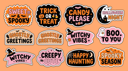 Halloween stickers with spooky and cute phrases on orange background © Afia