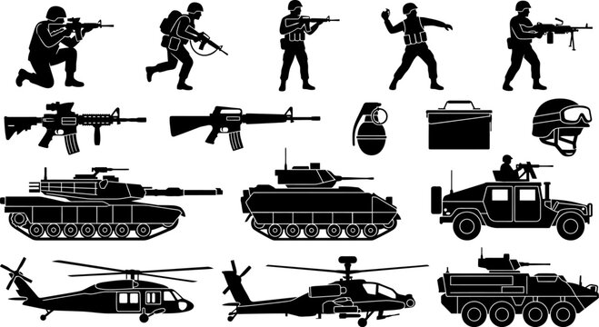 Military vehicles and soldiers with weapons in black silhouette on white background