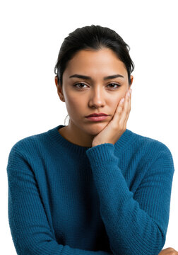 young hispanic woman (20s) in a blue sweater, medium close-up studio portrait, sharp focus on the face showing deep fatigue and boredom against a transparent background, concept of burnout and
