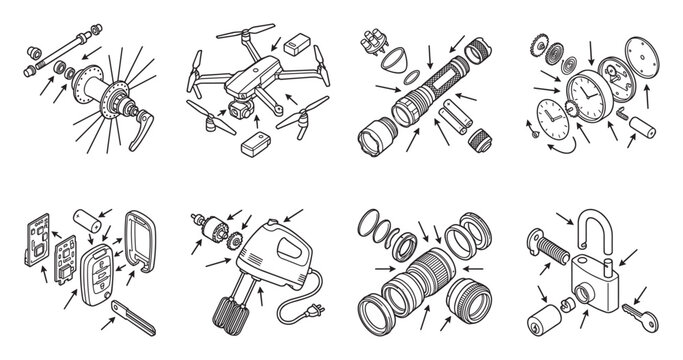 Exploded view isometric objects bicycle hub drone flashlight clock mixer lock.