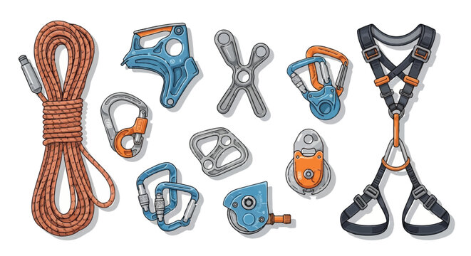 Set of colorful rock climbing gear including harness rope carabiners and safety devices for outdoor adventure.