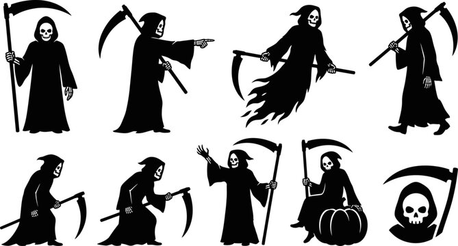 collection of grim reaper silhouettes in various poses with scythes and pumpkin on white background