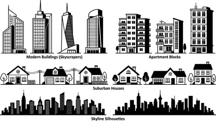 black and white illustrations of various buildings and houses  skyscrapers apartment blocks suburban houses skyline silhouettes © Afia