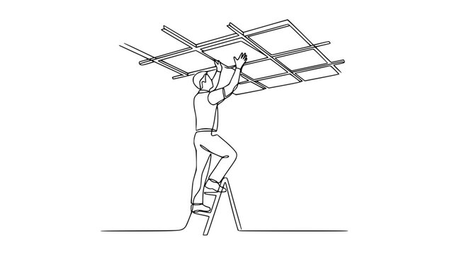 Illustrator installs suspended ceiling grid on ladder, line art.