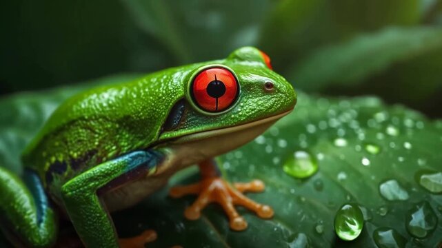 Red-eyed tree frog on a wet green leaf in the rainforest