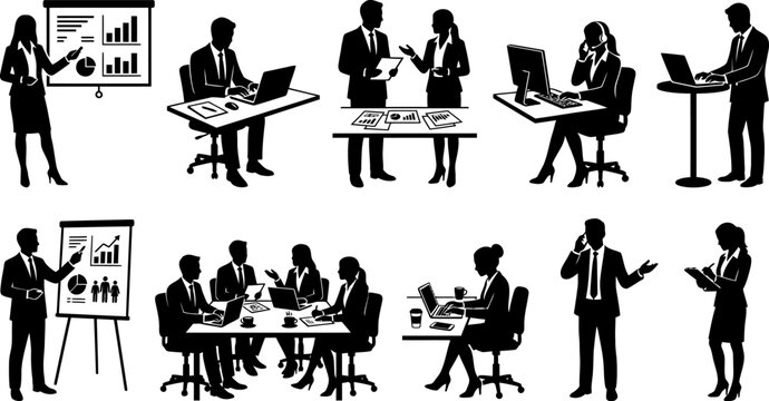 Business people working in office with computers and laptops and giving presentations