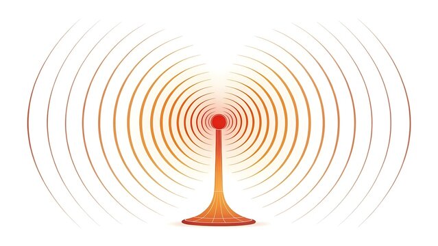 Abstract orange transmitter antenna emitting radio wave patterns with frequency