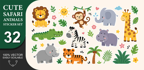 Cute cartoon farm and jungle animals sticker set. hand drawn doodle elements for kids with lion, giraffe, monkey, toucan, rhino, hippo, elephant, zebra, alligator and other forest plants, flowers. © PixiBoo Studio