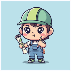 Fototapeta premium Little Boy Holding Blueprint Thinking.
