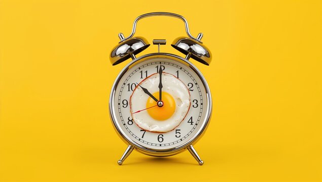 A vintage-style silver alarm clock set against a vibrant yellow background, resembling a sunny-side-up egg with time markers inspired by breakfast