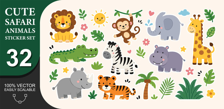 Cute cartoon farm and jungle animals sticker set. hand drawn doodle elements for kids with lion, giraffe, monkey, toucan, rhino, hippo, elephant, zebra, alligator and other forest plants, flowers.