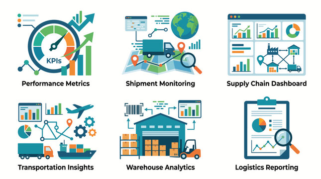 Logistics reporting, transportation insights, warehouse analytics, and shipment monitoring performance metrics.