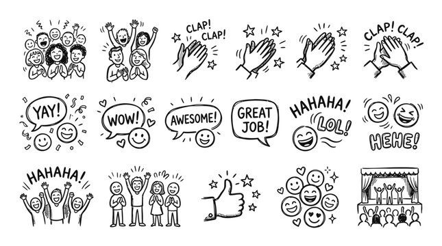 Diverse Crowd Clapping, Cheering, and Expressing Excitement with Speech Bubbles
