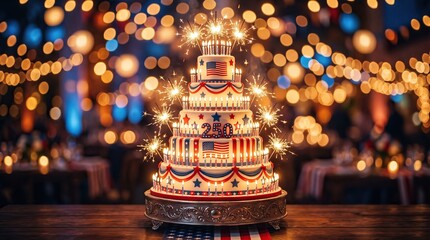 Grand multi-tiered patriotic cake with sparklers and American flag motifs for 250th anniversary celebration, festive party background, Independence Day event.