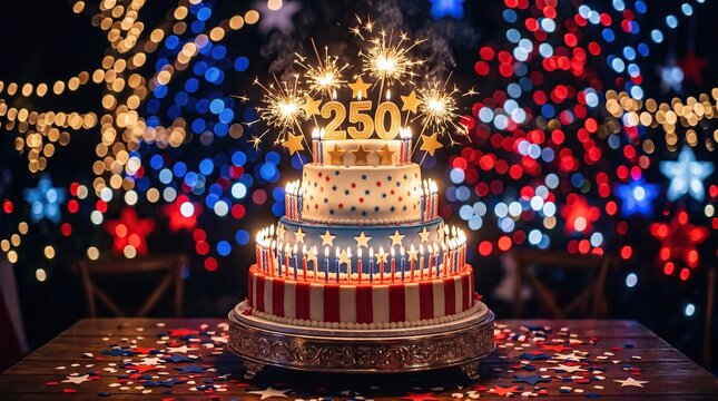 Patriotic celebration cake with sparkling 250 numbers and lit candles. It rests on a confetti-strewn table, against a vibrant bokeh background, commemorating an American milestone.