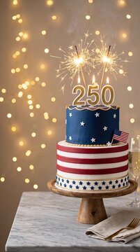 Two-tier patriotic cake with 250 candles and sparkling fireworks on marble table, American flag celebration, semiquincentennial anniversary.