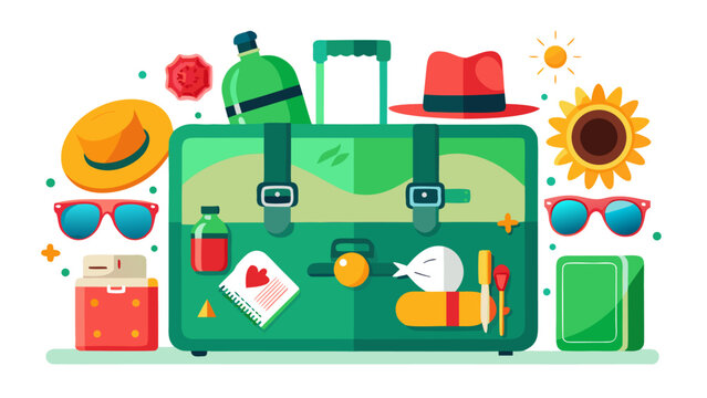Open suitcase with travel accessories and summer vacation items.eps