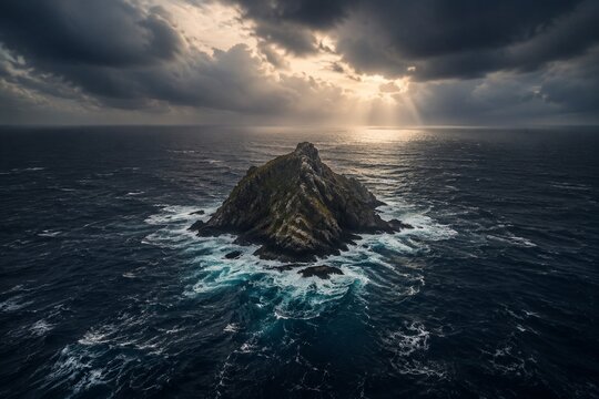 A solitary rocky island in a vast ocean surrounded by turbulent waves.