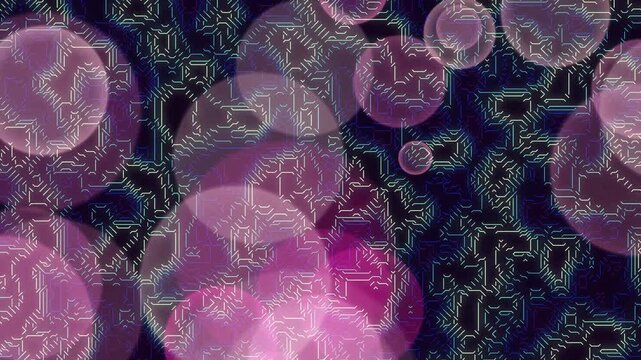 Abstract digital background featuring glowing pink bokeh circles over dark neon topographic pattern
