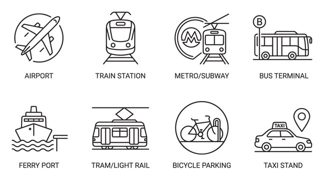 Public transportation icons airport train metro bus ferry tram bicycle taxi.