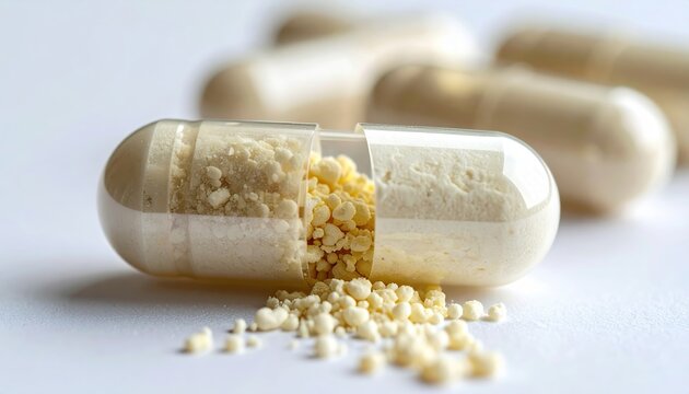 Calcium supplement capsule opening with vitamins and minerals, healthcare and nutrition concept
