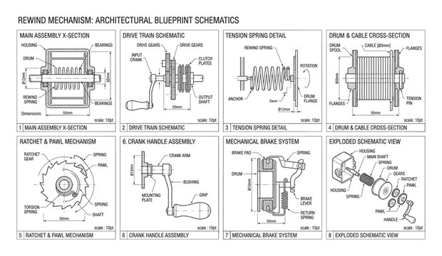 Rewind mechanism architectural blueprint schematics vintage technical drawings.