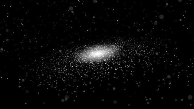Abstract, smoothly looping seamless animation of cosmic galaxy. Glowing particles or stars orbit glowing core of galaxy in deep space, in vastness of universe 