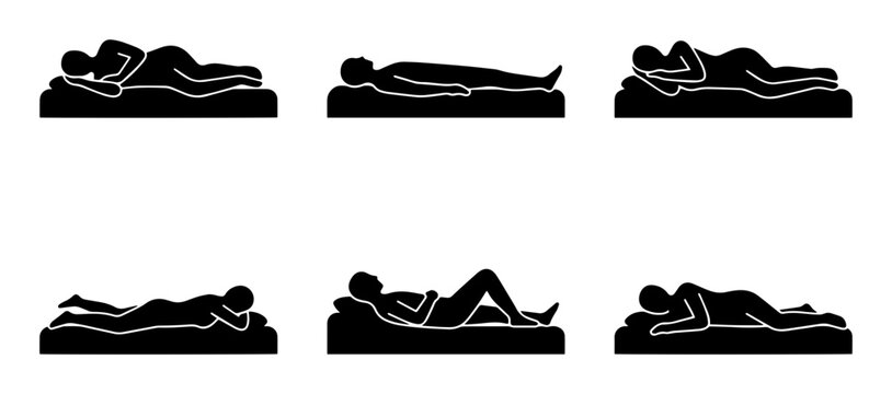 Six Sleeping Positions Icons, Human Body Postures on Bed, Sleep Styles Collection, Rest and Relaxation Silhouettes