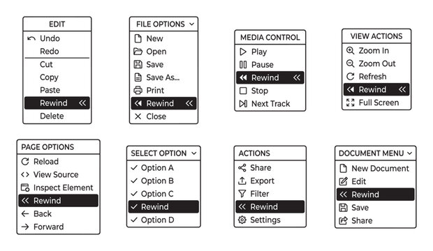 Set of rewind icons in different styles for media player controls and interfaces.