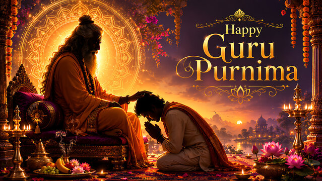 Guru purnima holy teacher blessing devotee in ornate temple with flowers lamps and sunset river for hindu relegious festival reverence and prayer