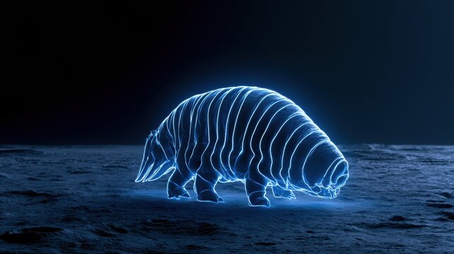 A small tardigrade walks along the moons surface glowing in neon. Dark space surrounds the lunar scene showcasing life beyond Earth.