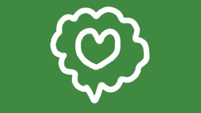 Heart speech bubble message hand-drawn cartoon graphic with chalk outline love icon and creative charity notification isolated on green screen background animation for health kindness line art.