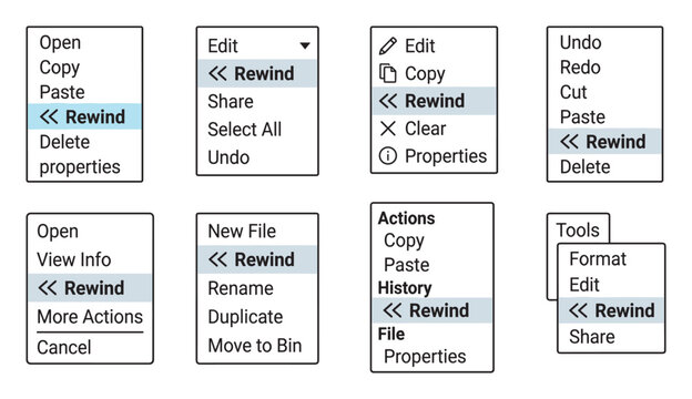 User interface menu popups with various options and highlighted rewind button.