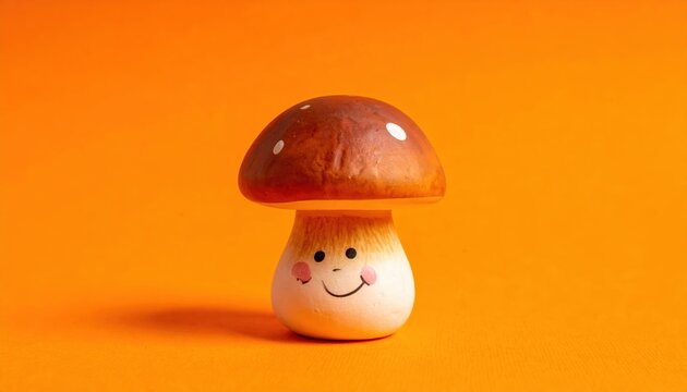 Cute mushroom character smiling on bright orange background, playful design and children illustration concept