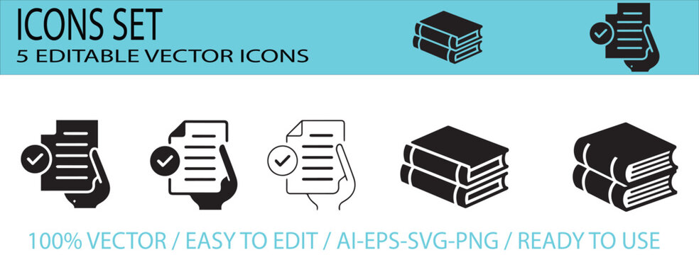Education document verification editable vector icon set featuring books, checklist, approval, reading, library, certification, outline symbols collection