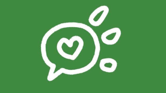 Heart chat bubble message hand-drawn cartoon graphic with chalk outline love icon and creative charity notification alert isolated on green screen background for social emotional line art element.