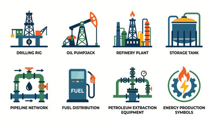 Industrial oil and gas production equipment icons set. © BANJARETNO
