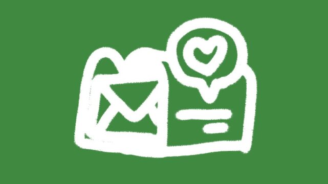 Open letter mail envelope and heart icon hand-drawn cartoon graphic with chalk outline romantic message notification isolated on green screen background for digital newsletter subscription line art.