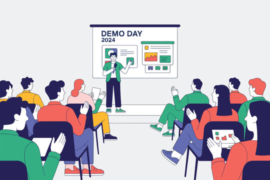 Business Demo Day Presentation with Speaker and Audience Illustration