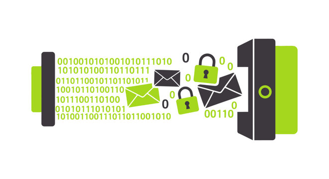 Cyber Security Concept Illustration Showing Secure Email Encryption and Data Transfer with Binary Code and Padlocks on White Background