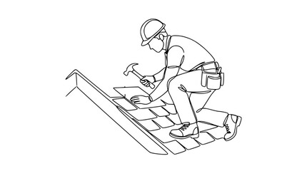 Obraz premium Roofer Installing Shingles with Hammer, One Line Drawing