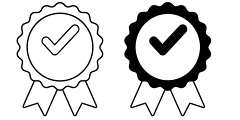 Minimalist quality seal icons with checkmark and ribbons, black and white guarantee badge set, premium certified award symbols for business marketing © satish
