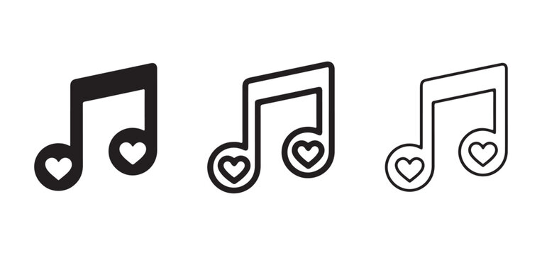 Music notes with hearts in a row on white background
