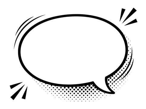Comic speech bubble with halftone shadow, retro pop art talk balloon, blank white dialogue cloud with black ink outline and motion lines