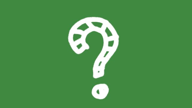 Striped question mark hand-drawn cartoon graphic with chalk outline FAQ help symbol and creative query notification isolated on green screen background for critical thinking line art symbol.