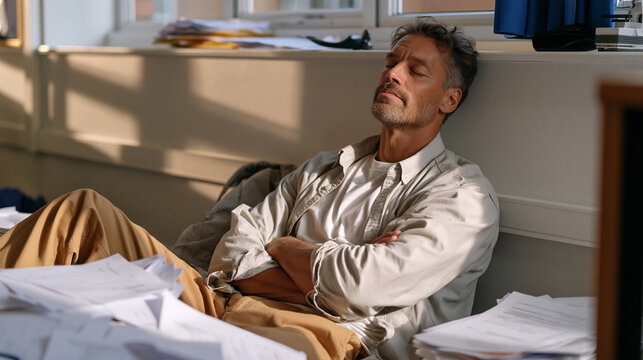 Burned-out teacher sitting on classroom floor after students have left, head resting back against the wall, scattered papers around, afternoon light fading, educator burnout recovery beginning, emot
