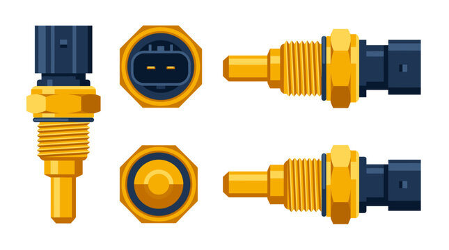 Coolant temperature sensor automotive electrical component with front side rear and top views vector illustration