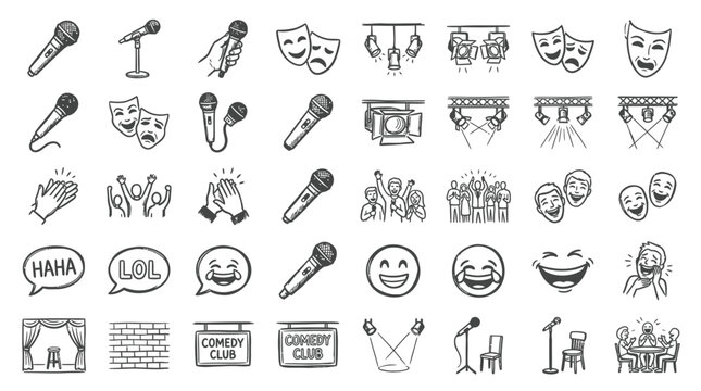 Comedy Show Icons: Stand-up Mic, Masks, Stage Lights, Audience, Laughter Faces